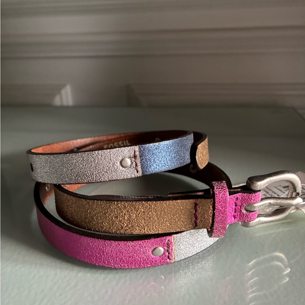 NWT $34 Fossil Leather Metallics Multicolored Skinny Belt